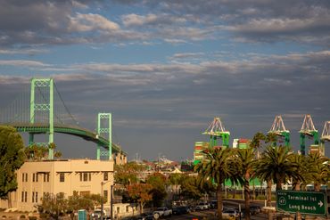 San Pedro, California. Last sunset light on the Vincent Thomas Bridge and Port of Los Angeles.