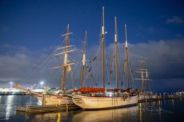San Pedro, California. Majestic sailboats during the blue hour in the Port of Los Angeles.