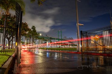 San Pedro, California. Long exposure reflection of the Vincent Thomas Bridge from a rainstorm. 