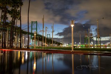 San Pedro, California. Rare blue hour reflection of the Vincent Thomas Bridge from a rainstorm. 
