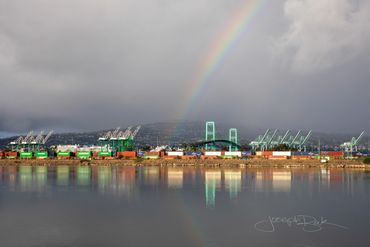 San Pedro, California. Big rainbow reflection of the Port of Los Angeles with perfect morning light.