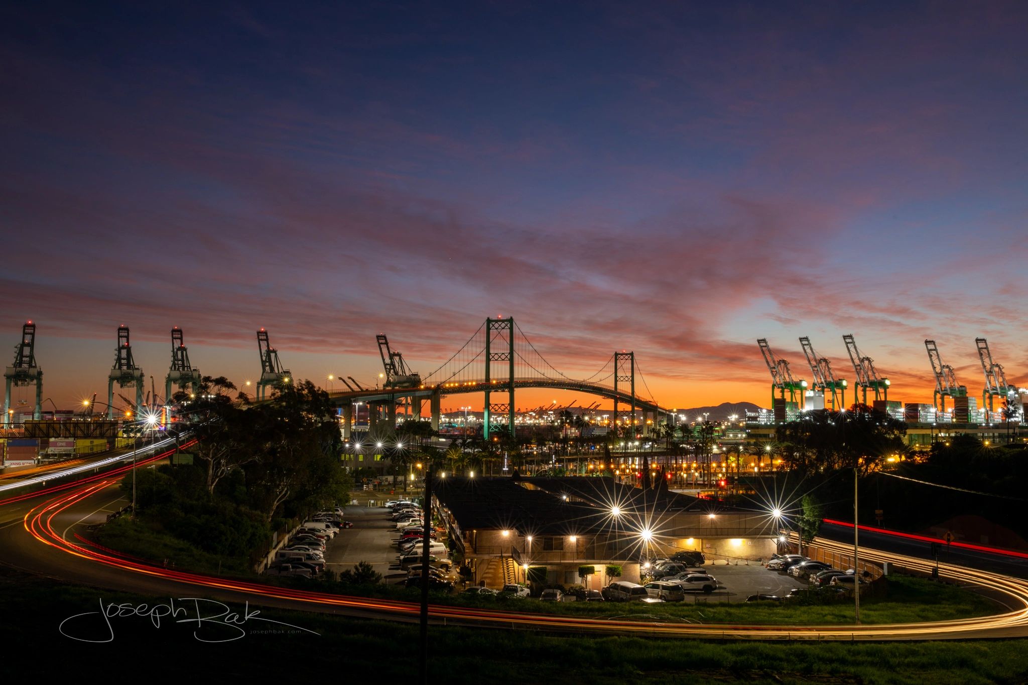 San Pedro, California. Historical long exposure blue hour sunrise. Vincent Thomas Bridge / Port LA