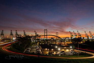 San Pedro, California. Historical long exposure blue hour sunrise. Vincent Thomas Bridge / Port LA