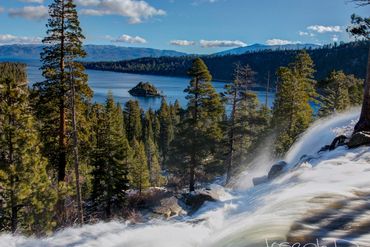 Flash flood raging over Eagle Falls into Emerald Bay, Lake Tahoe. 