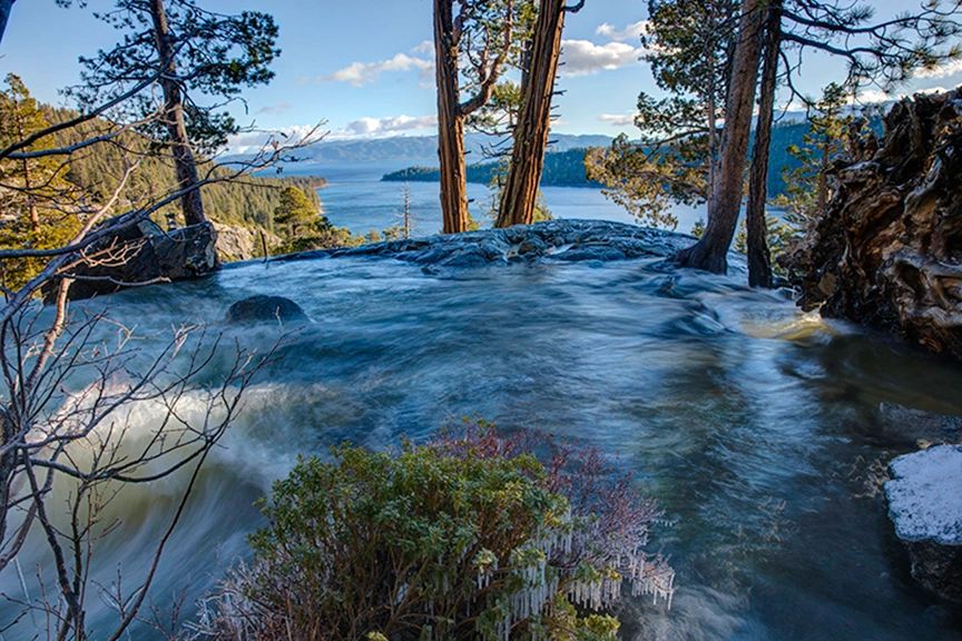 All the stars aligned for this photo of Emerald Bay looking across rushing Eagle Falls flood water.