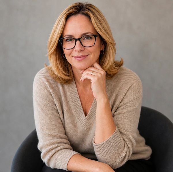Smiling woman with glasses in beige sweater sitting on a chair.