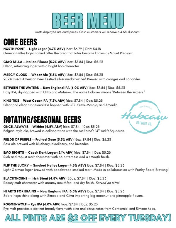 Craft beer menu featuring core and seasonal brews with ABV and prices.
