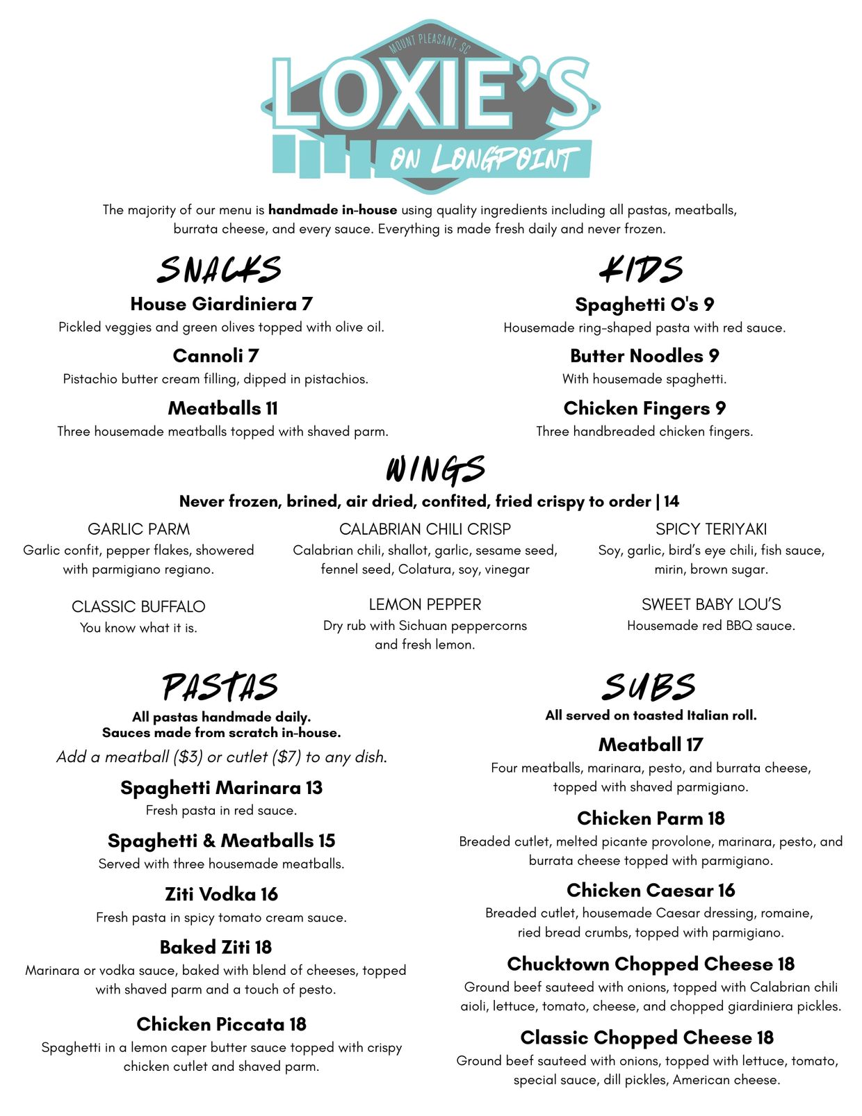 Loxie's on Longpoint menu showcasing snacks, kids meals, wings, pastas, and subs with handmade ingredients.