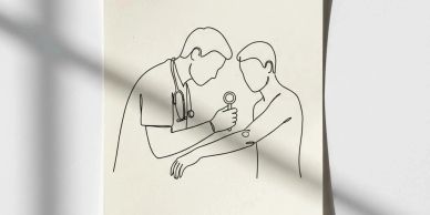 A doctor examining a patient's arm with a magnifying glass.
