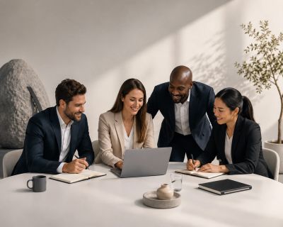 Quatre personnes collaborent autour d'un ordinateur portable.