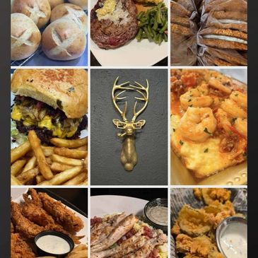 A collage of various food dishes including burgers, shrimp, and fried items.