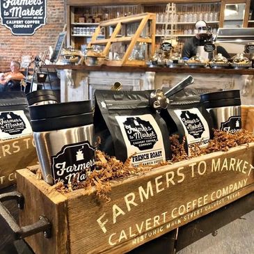 Coffee products displayed at Farmers to Market by Calvert Coffee Company.