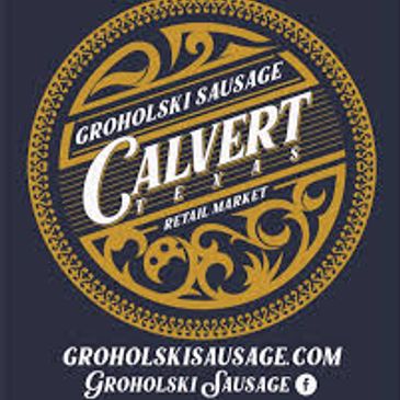 Logo for Groholski Sausage Calvert Retail Market with decorative gold and black design.