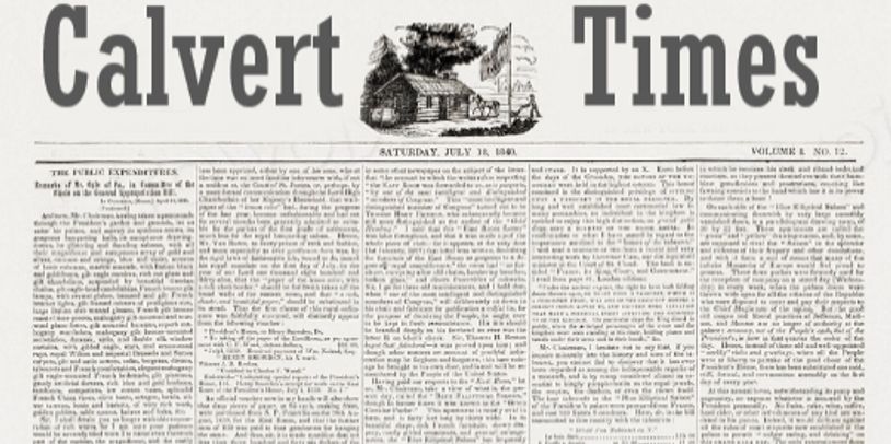 Whimsical Historic front page of the fiction Calvert Times newspaper.