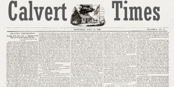 Historic front page of Calvert Times newspaper from July 31, 1841.