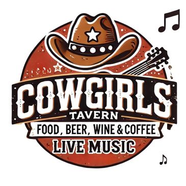 Logo for Cowgirls Tavern with cowboy hat and live music.