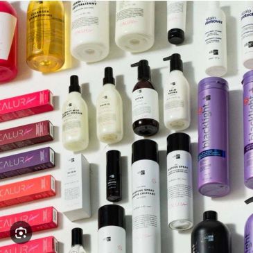 Assorted skincare and beauty products organized neatly.
