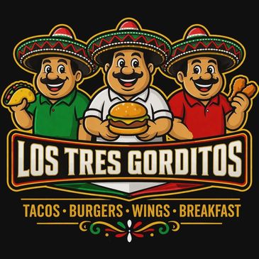 Logo with three cartoon men in sombreros holding food items for Los Tres Gorditos.