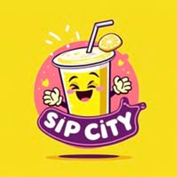Happy cartoon juice cup with Sip City Text