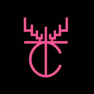 Pink abstract logo combining letters and shapes on a black background.