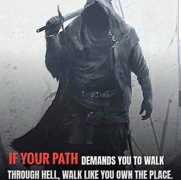 A hooded figure holding a sword with a motivational quote about walking through hell confidently. book project about psychic analyst working with the US military