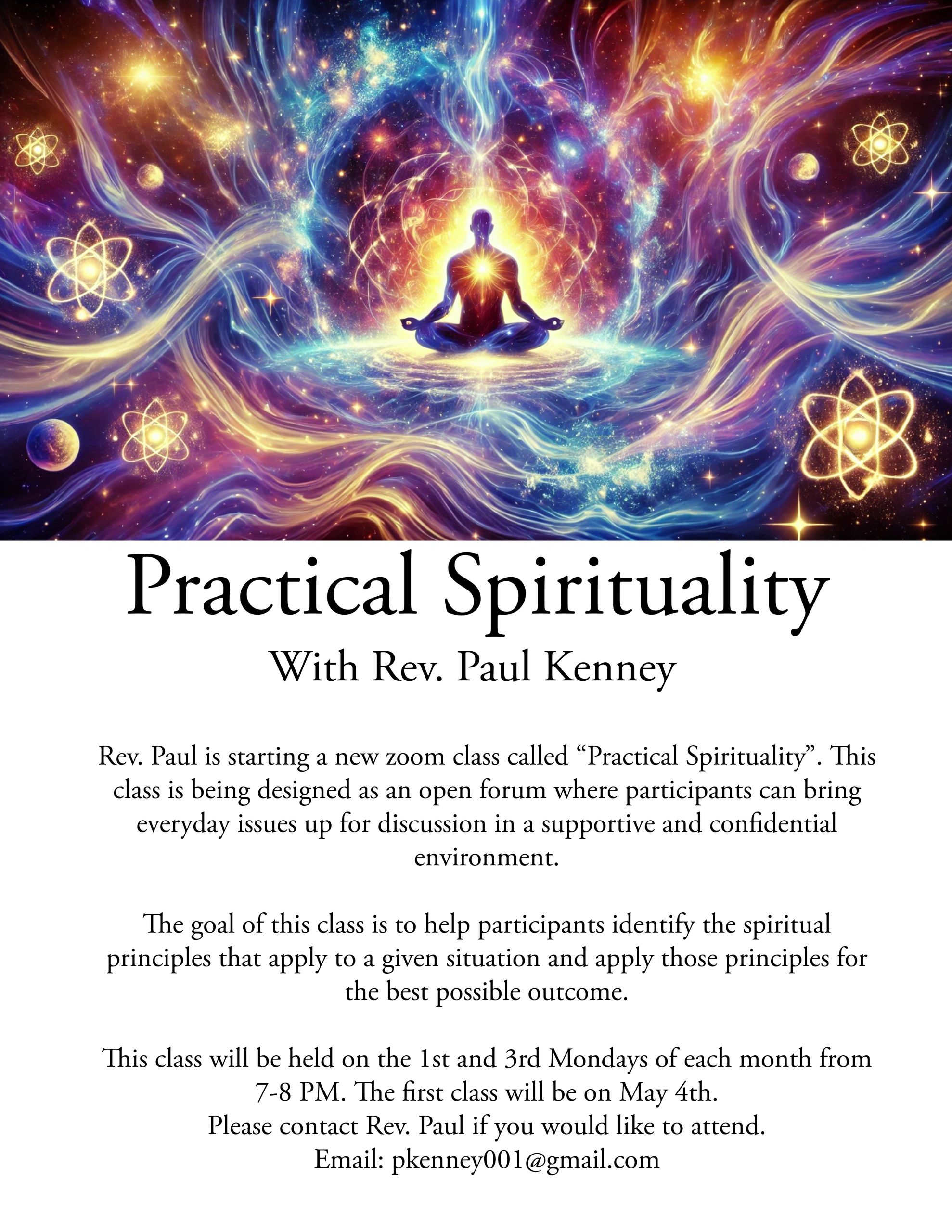 A meditating figure surrounded by cosmic energy and atoms, symbolizing practical spirituality.