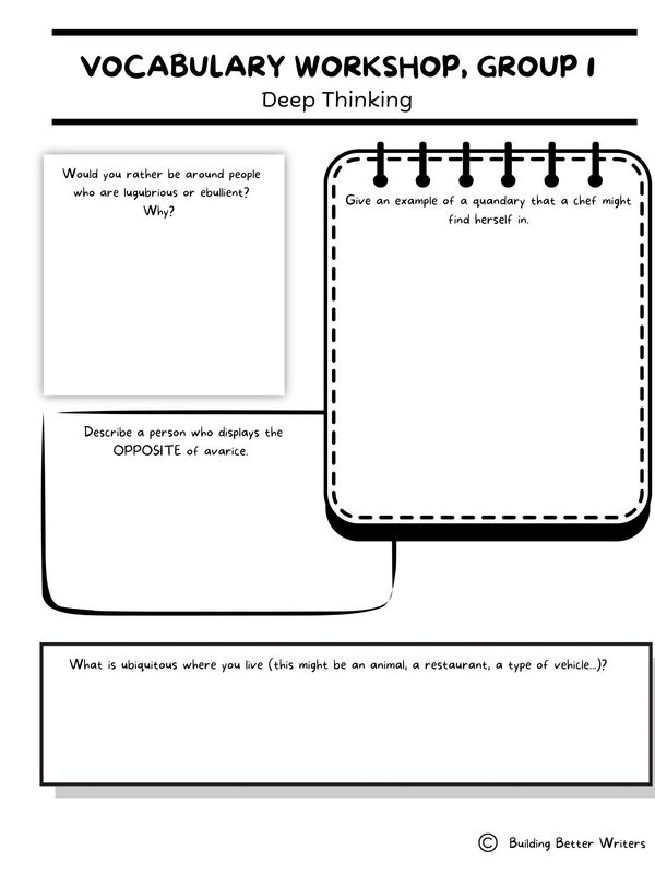 Vocabulary workshop worksheet with deep thinking questions on various words.