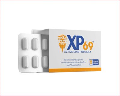 XP69 Active Man Formula supplement box with six white tablets.