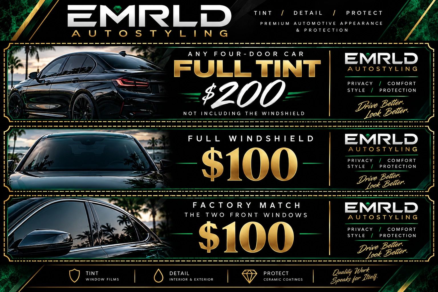 EMRLD Autostyling offers car tinting services with prices starting at $100.
