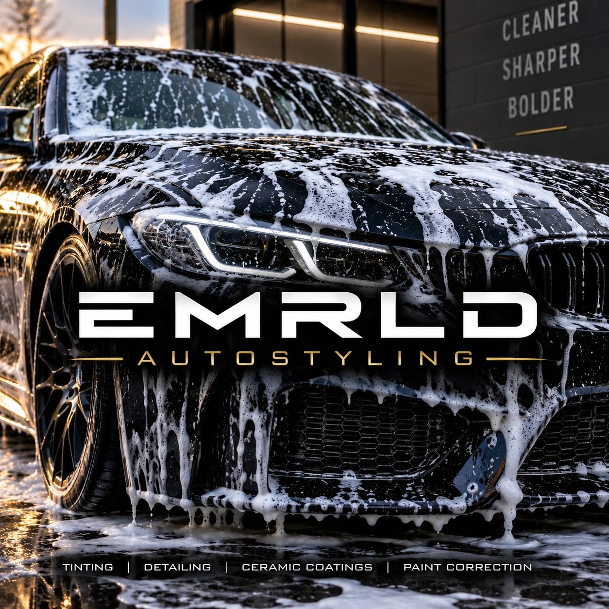 Black sports car covered in soap suds during a wash at EMRLD Autostyling.