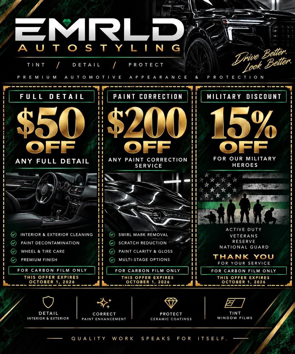Promotional flyer for EMRLD Auto Styling with discount offers.