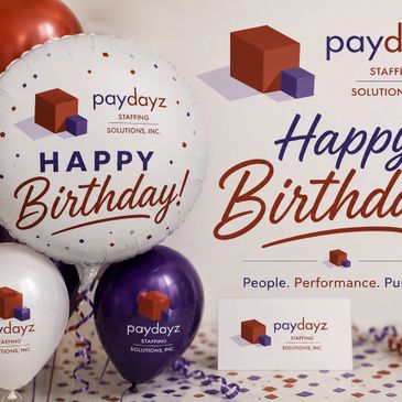 Balloons and decorations celebrate Paydayz Staffing Solutions' birthday.