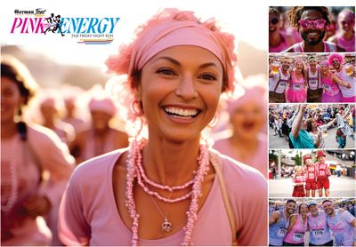 Smiling women dressed in pink at the German Fest Pink Energy run event.