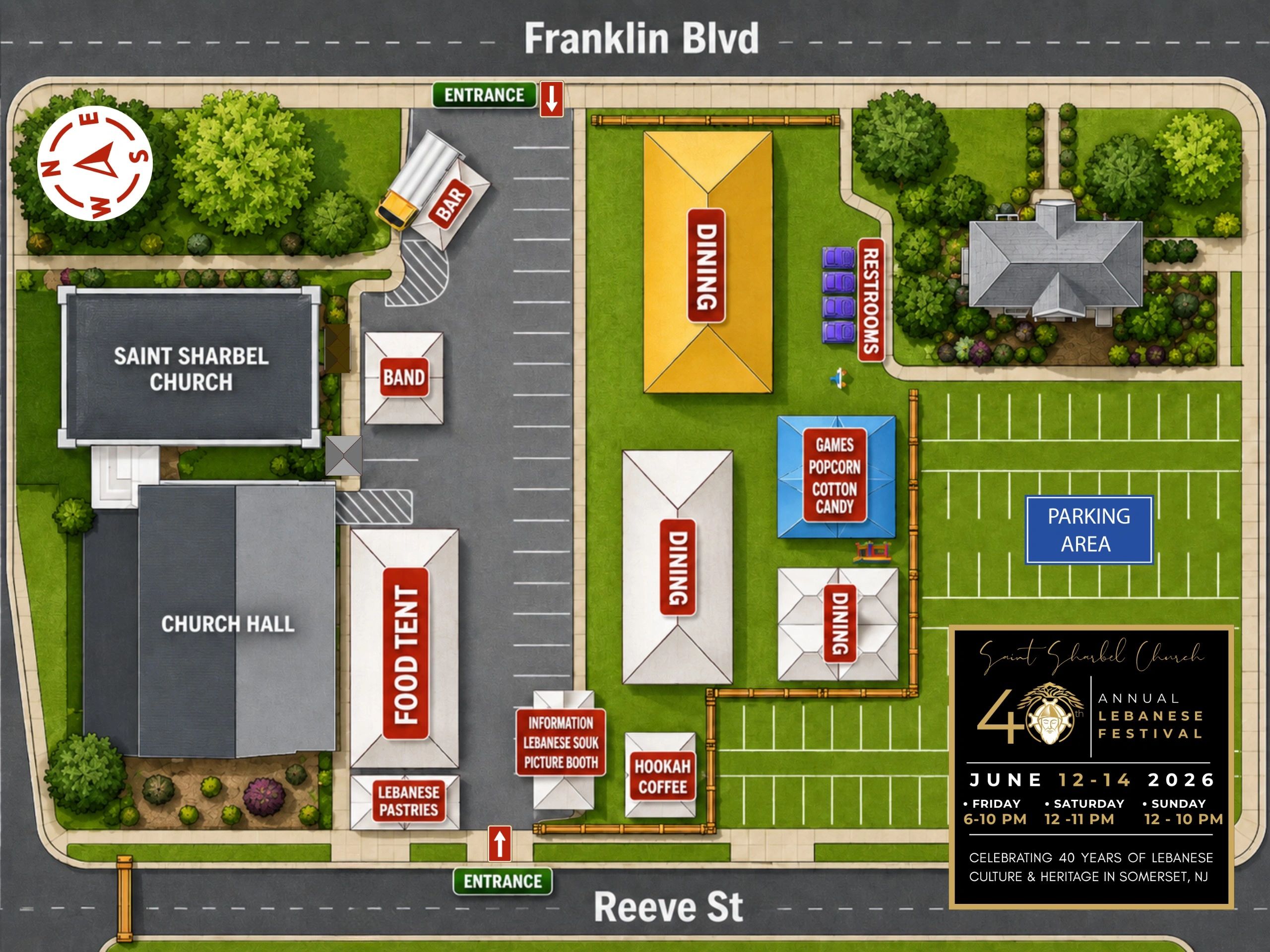 Map of Saint Sharbel Church's 40th Annual Lebanese Festival layout with food, dining, games, and parking.