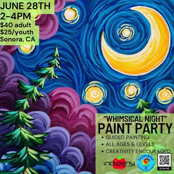 Colorful whimsical night paint party event in Sonora, CA on June 28th.
