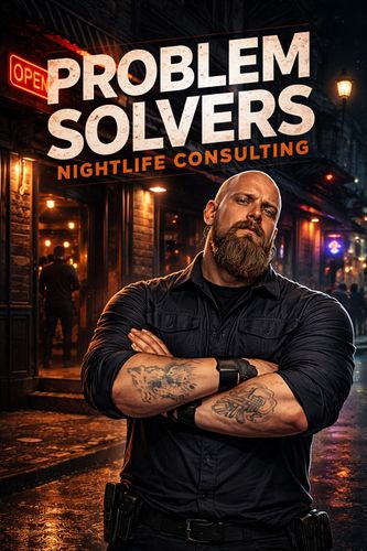 Tough consultant with tattoos in front of a nightlife bar at night.