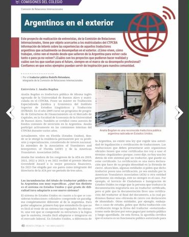 Nota en Revista del CTPCBA Analia Bogdan sobre argentinos en el exterior
