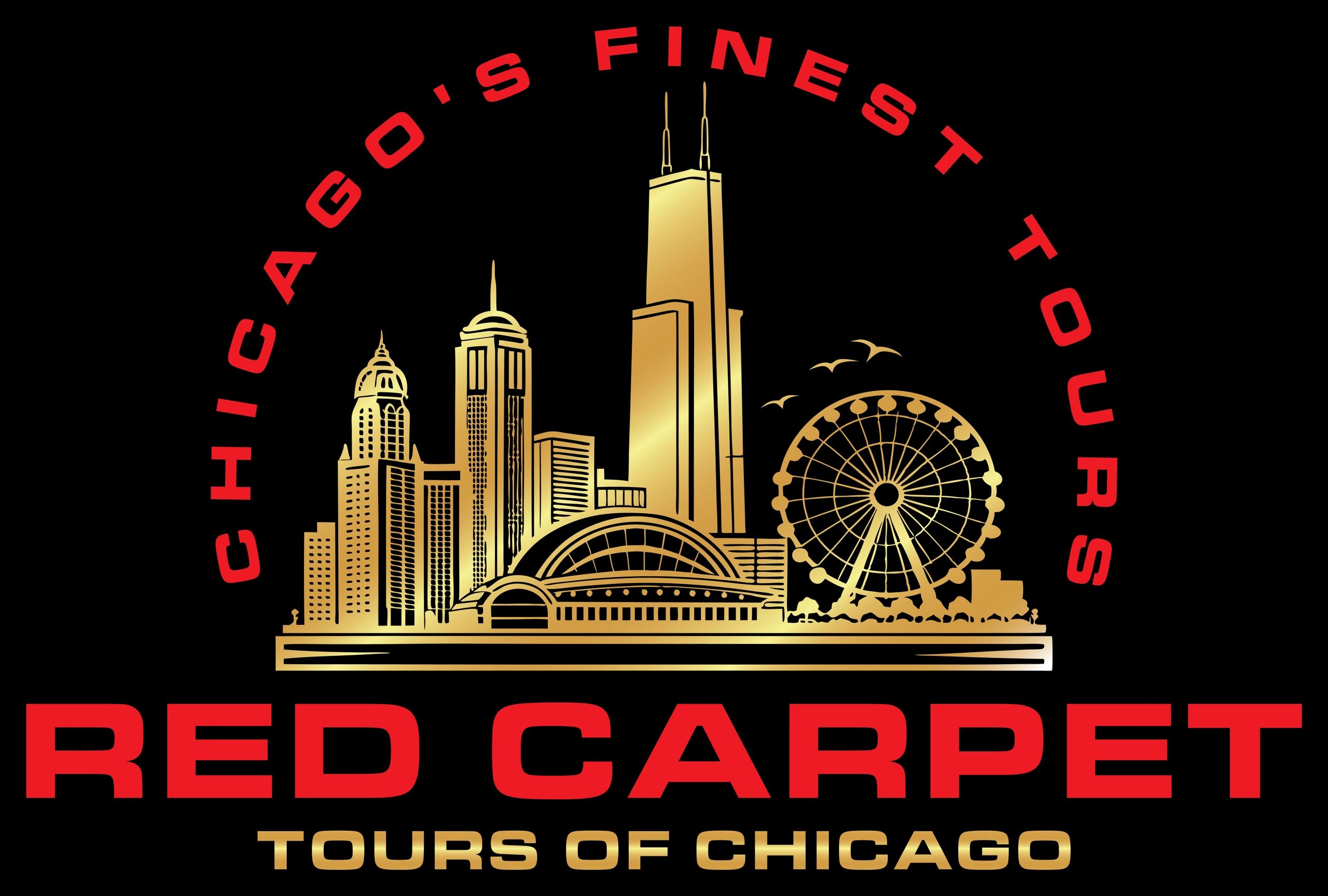 Gold and red logo for Chicago's finest Red Carpet Tours with city skyline.