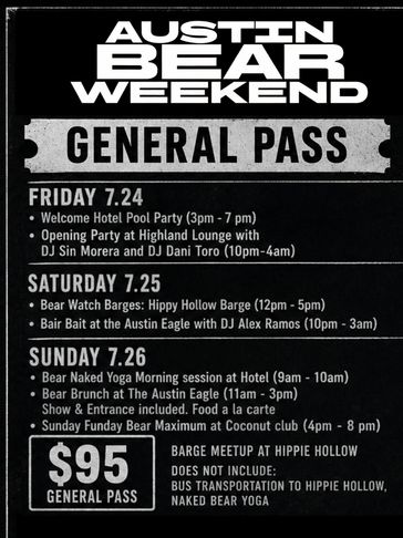 Austin Bear Weekend general pass details and schedule for July 24-26 events.