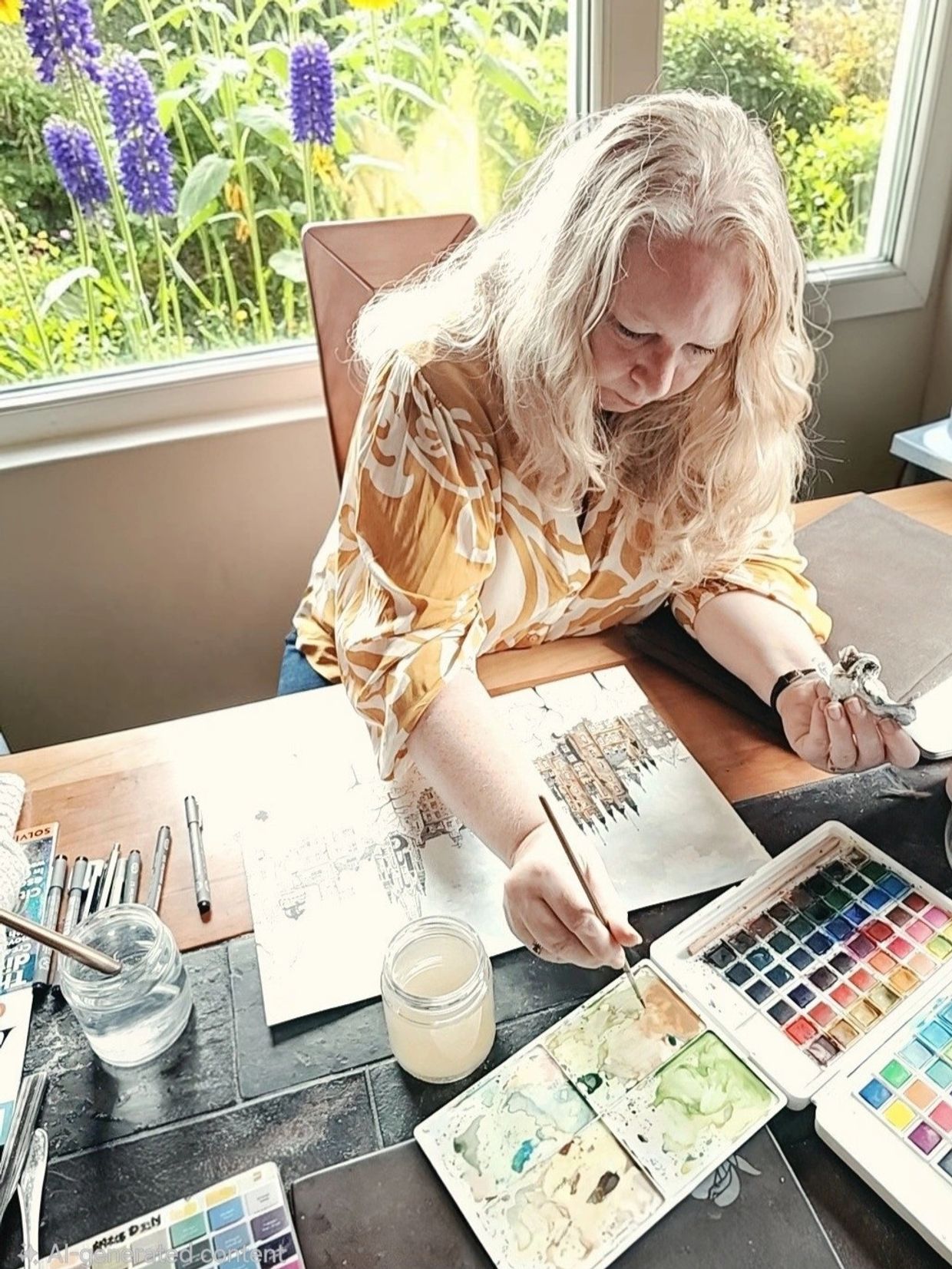Woman painting with watercolors at a table by a window.
