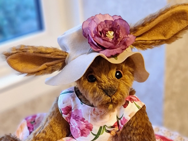 Handmade mohair bear (Hare) - all ready for the summer garden party in floral dress and hat.