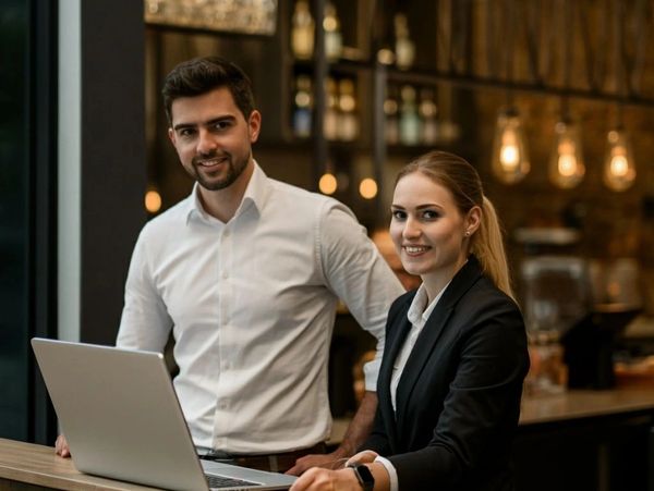 IT project manager presenting digital transformation strategy for restaurant technology systems — Innovative Ecom consultancy services.