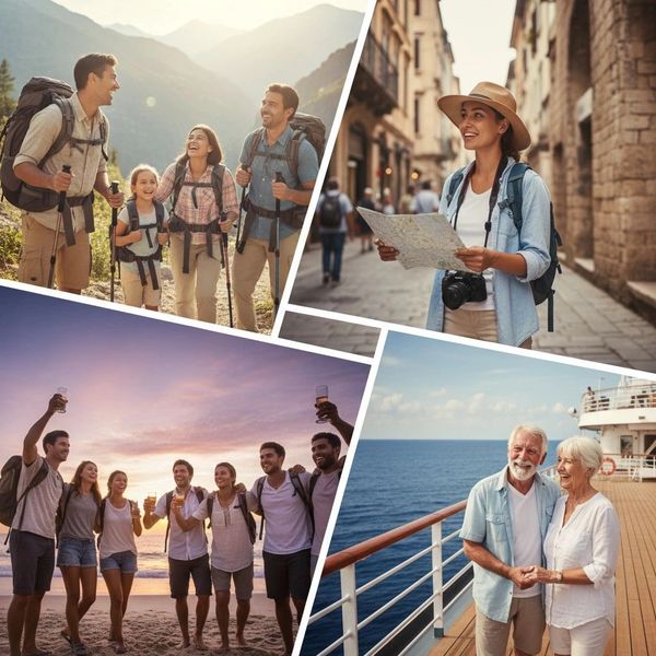 Various groups enjoying travel and exploration in different settings.