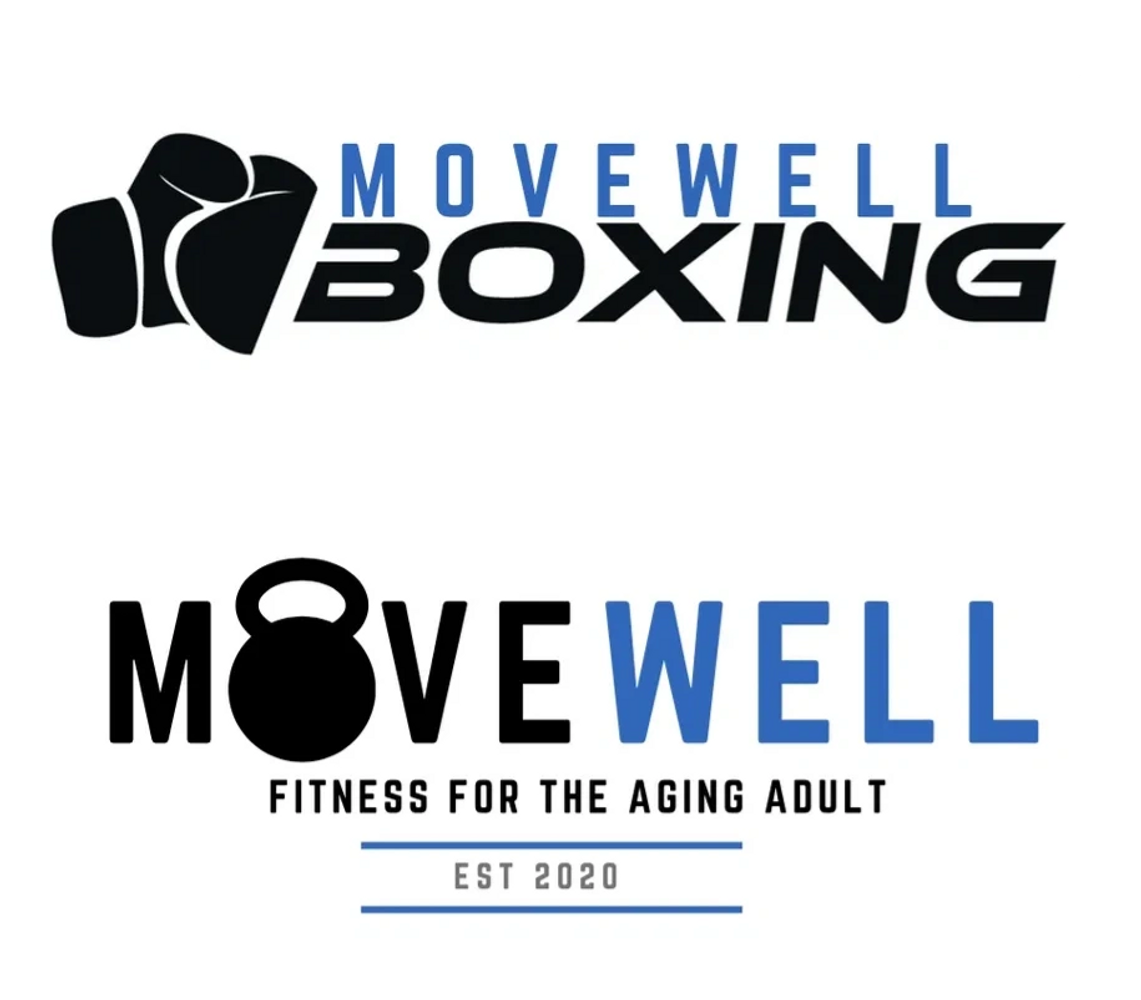 Logos for MoveWell Boxing and MoveWell Fitness for aging adults.