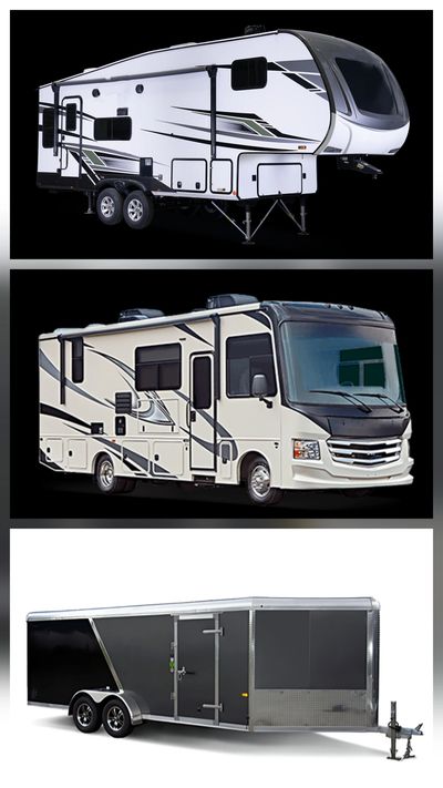 Three types of trailers and motorhomes for travel and transport.