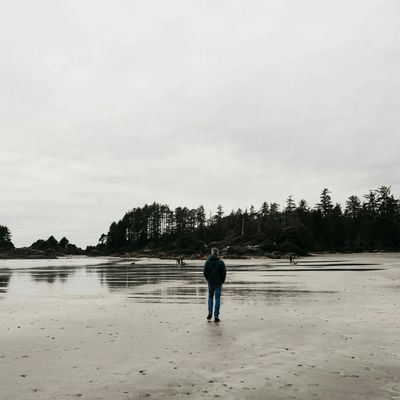 Image of a person on a beach at low tide, looking at the trees and water in the distance.