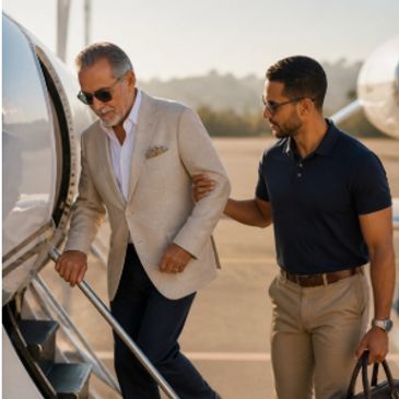 A young man assists an older man boarding a private jet.