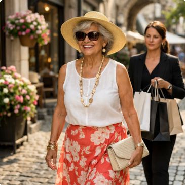 Elderly woman wearing stylish summer outfit and sunglasses, smiling outdoors.