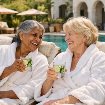 Two elderly women in robes enjoying cucumber water by the pool.