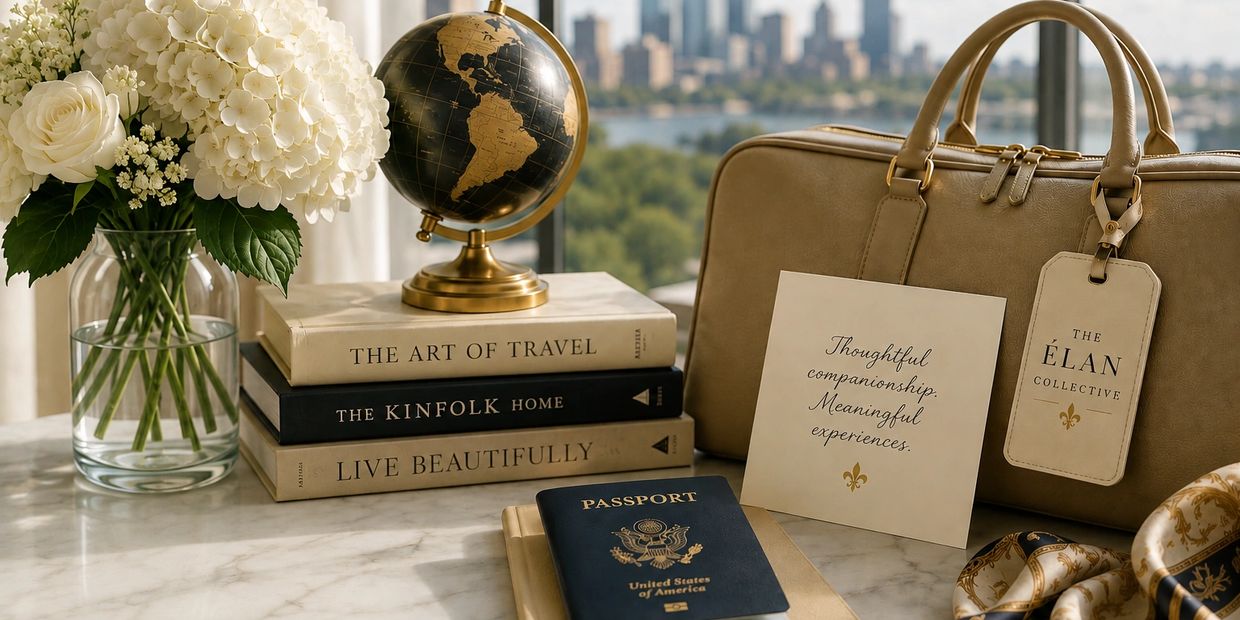 Travel-themed setup with books, a globe, passport, and a stylish bag on a marble table.